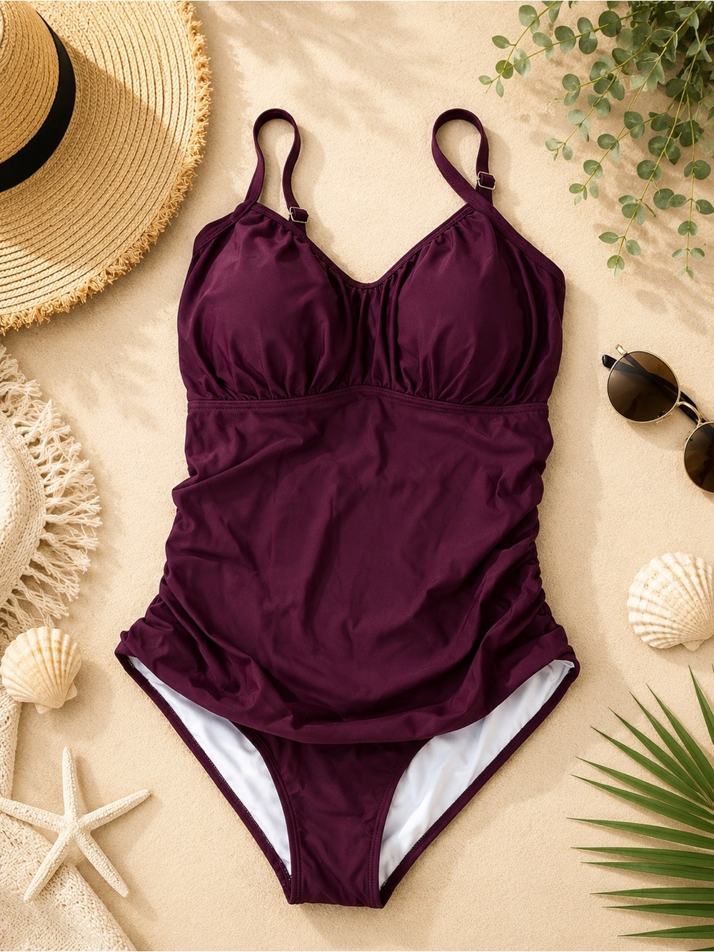 Women’s Plum One-Piece Swimsuit — Supportive V-Neck Tankini Style